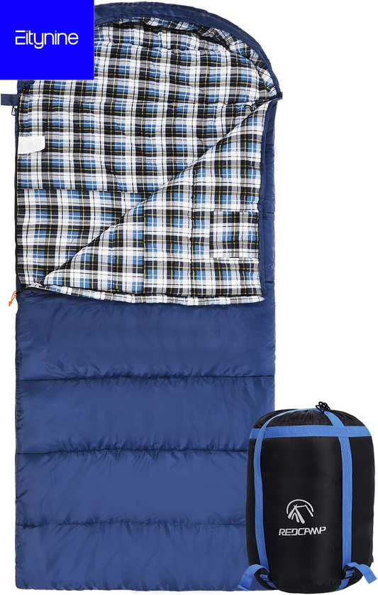 Adult Flannel Sleeping Bag with Detachable Hood – Cozy Cotton for Camping (Red/Grey/Blue)